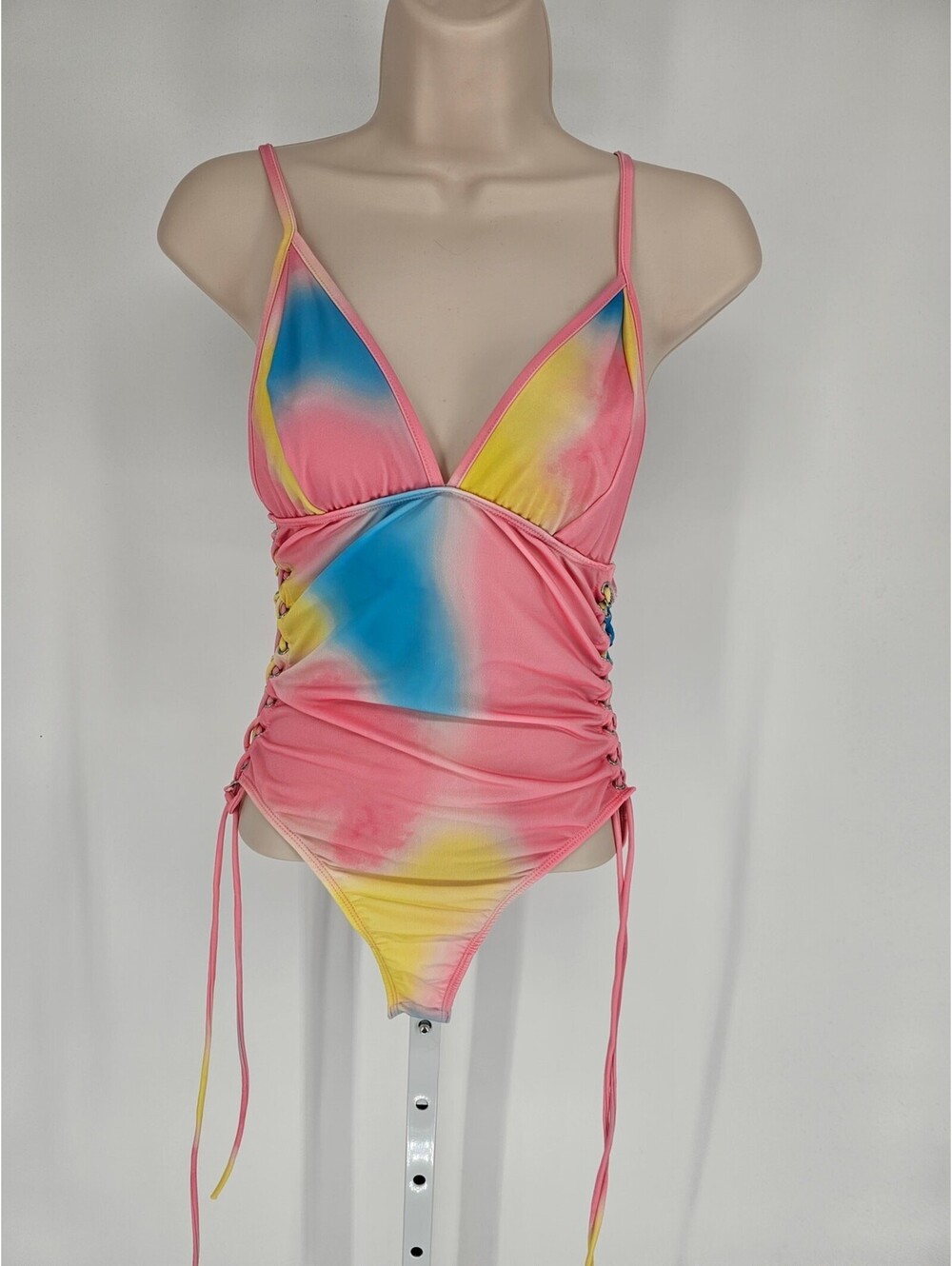 Tic Toc Womens Sz S One Piece Swimsuit Bright Tie Dye Print Tie Sides